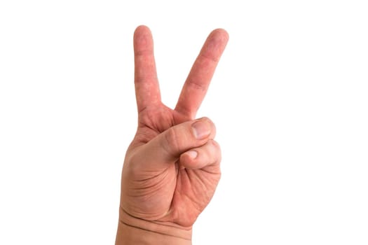 Hand gesture signifying victory or the letter V, as well as communication between people on a white background