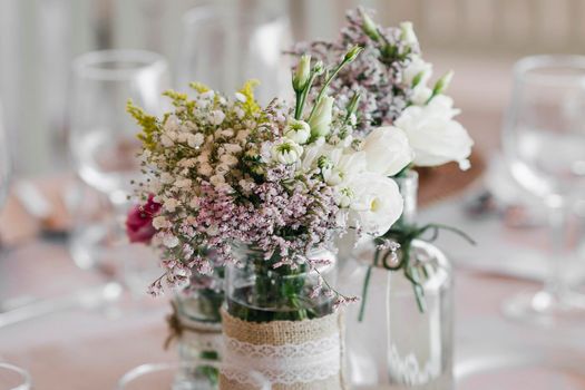 flowers arrangement and decoration rustic interior design in wedding table detail