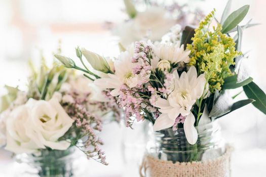 flowers arrangement and decoration rustic interior design in wedding table detail