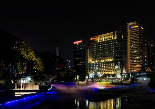 River of Life riverfront area with  Jamek Mosque landmark in central Kuala Lumpur city Malaysia at night