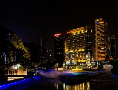 River of Life riverfront area with  Jamek Mosque landmark in central Kuala Lumpur city Malaysia at night