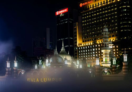 Jamek Mosque landmark in River of Life area of Kuala Lumpur city Malaysia at night