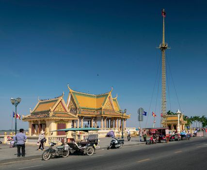 Preah Ang Dorngkeu Shrine landmark on sisowath quay in riverside area of downtown phnom penh city cambodia