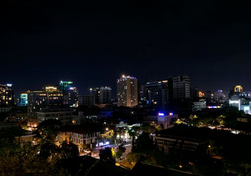 downtown central phnom penh city skyline night view in cambodia with modern skyscrapers