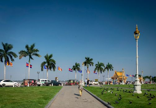 royal palace park in sisowath quay riverside area of  downtown phnom penh city cambodia