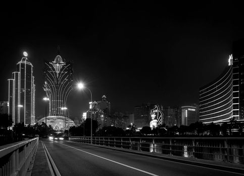 urban view of casino buildings at night in macau city china