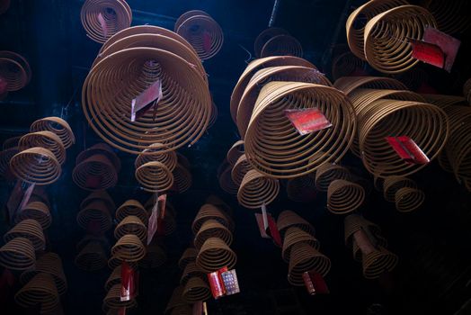 traditional  burning incense coils inside chinese a-ma buddhist temple in macau china