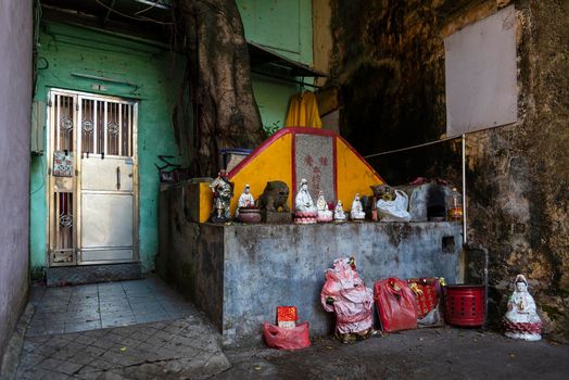 small chinese traditional local shrine in old taipa street of macau china