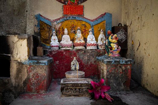 small chinese traditional local shrine in old taipa street of macau china