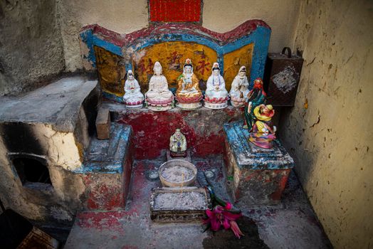 small chinese traditional local shrine in old taipa street of macau china