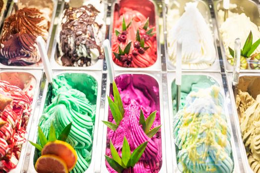 various italian gelato ice cream flavours in modern shop display window