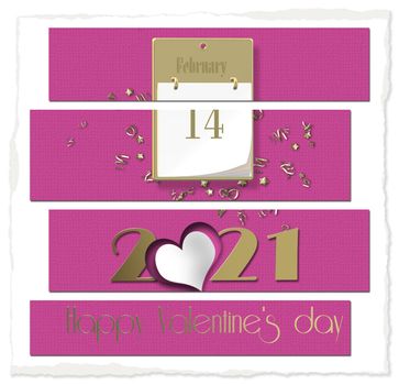 Elegant modern pink Valentine's card 2021. Digit 2021, calendar, 14 February on pink background. Text Happy Valentine's day. 3D render