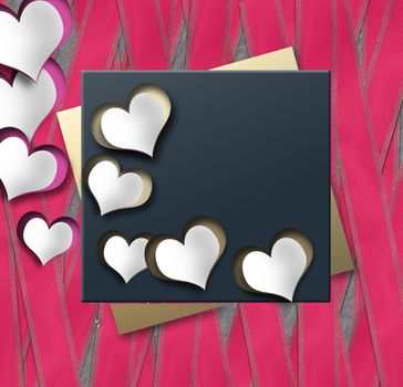 Elegant pink Valentine's card, paper hearts, gold text Happy Valentine's day on pink ribbons background. 3D render