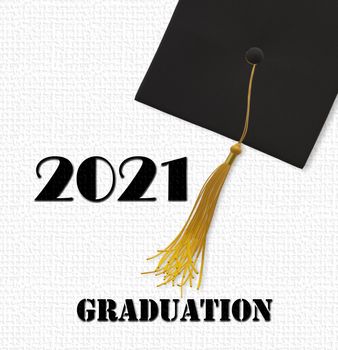 Graduation 2021 class. Graduation cap with tassel, text 2021 class. 3D render