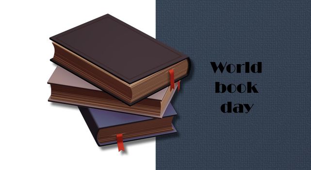 World book day with books on blue white background, text World Day Book. Place for text, copy space. 3D illustration