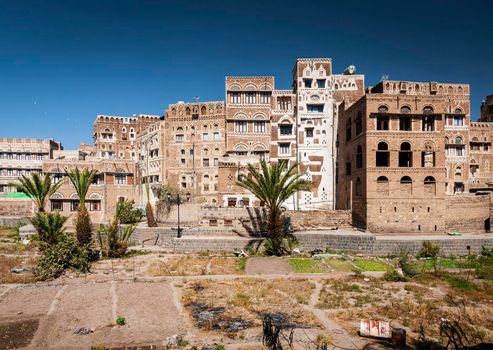 famous traditional architecture heritage buildings view in sanaa city old town in yemen