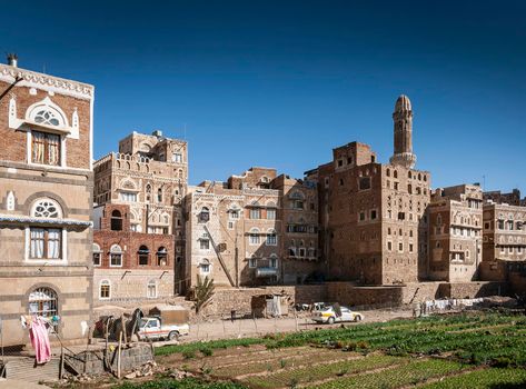 famous traditional architecture heritage buildings view in sanaa city old town in yemen