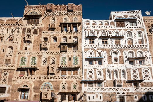 famous traditional architecture heritage buildings view in sanaa city old town in yemen