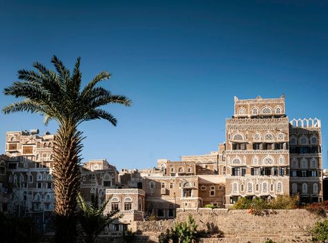 famous traditional architecture heritage buildings view in sanaa city old town in yemen