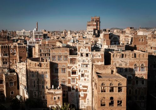 view of  downtown sanaa city old town traditional arabic architecture skyline in yemen