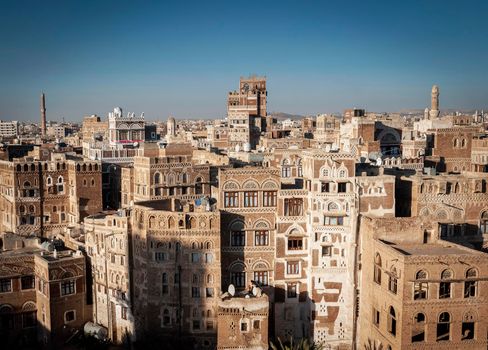 view of  downtown sanaa city old town traditional arabic architecture skyline in yemen