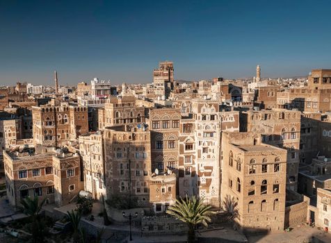 view of  downtown sanaa city old town traditional arabic architecture skyline in yemen