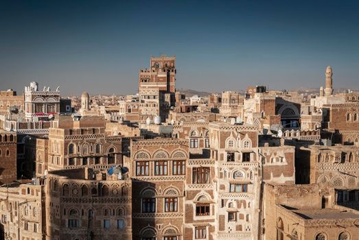 view of  downtown sanaa city old town traditional arabic architecture skyline in yemen