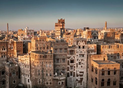 view of  downtown sanaa city old town traditional arabic architecture skyline in yemen