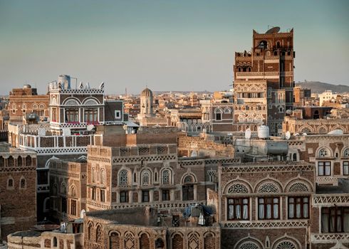 view of  downtown sanaa city old town traditional arabic architecture skyline in yemen