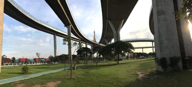 Panorama from the Bhumibol Bridge in Bangkok Thailand