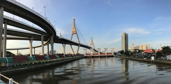 Panorama from the Bhumibol Bridge in Bangkok Thailand