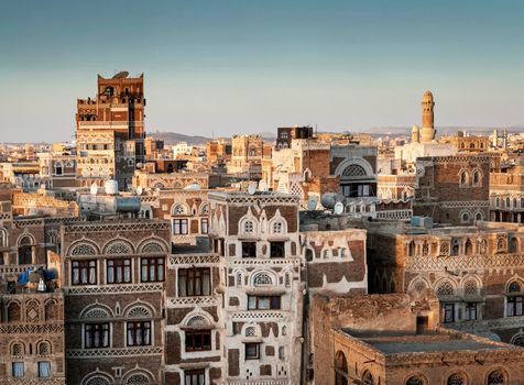 view of  downtown sanaa city old town traditional arabic architecture skyline in yemen