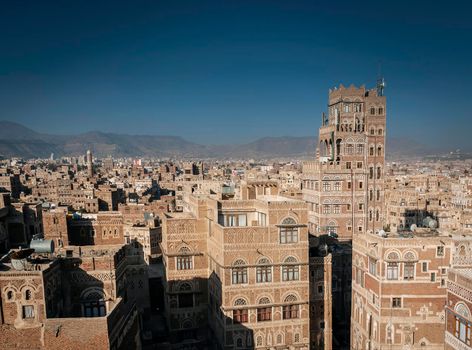 view of  downtown sanaa city old town traditional arabic architecture skyline in yemen