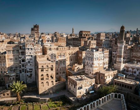 view of  downtown sanaa city old town traditional arabic architecture skyline in yemen