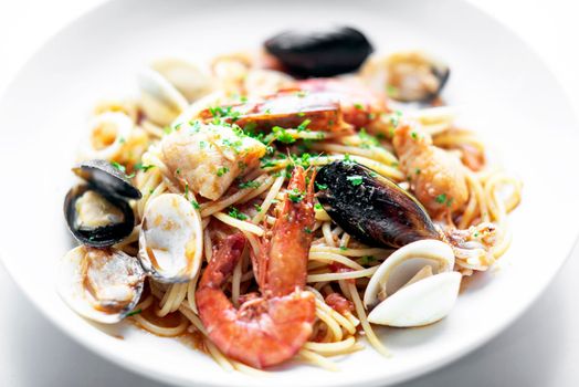 italian mixed fresh seafood spaghetti pasta with prawns mussels scallops and clams