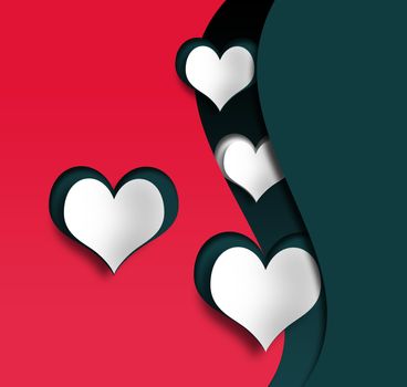 Modern love cad with hearts. Paper heart on red green background. 3D render