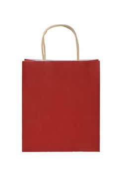 Close up one natural red paper shopping or gift bag isolated on white, low angle front view