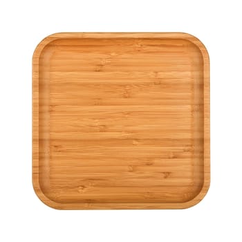 Close up one empty brown bamboo wooden plate or food tray isolated on white background, elevated top view, directly above