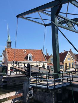 Bridge opening in the old town of Makkum, Friesland, The Netherlands