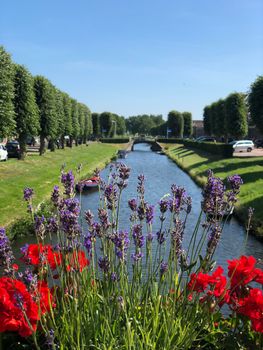 Flowers on a bridge over a canal in Stavoren, Friesland The Netherlands
