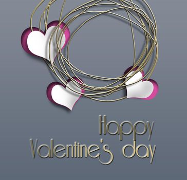 Elegant valentine card. Gold frame hearts on pastel grey background. Text Happy Valentine's day. 3D render. Luxury Valentines Day poster Invitation template