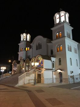 St Paraskevi Church at night in Paralia Greece