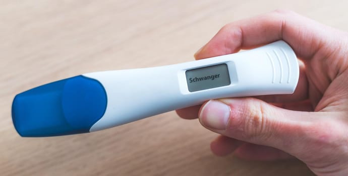 Woman hand holding pregnancy test, result is pregnant, “Schwanger”