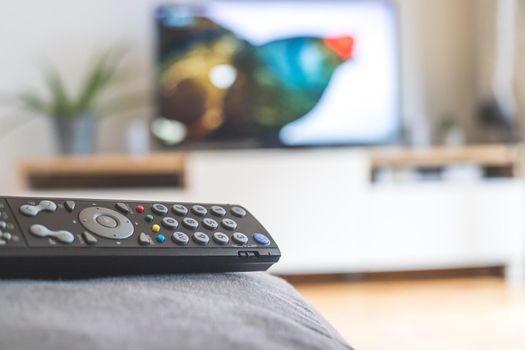 TV remote control in the foreground, tv in the blurry background. Streaming.