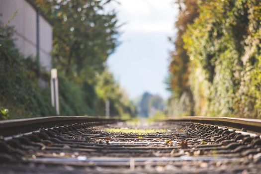 Landscape of an old abandoned railway in fall. Warm light, sustainable traveling