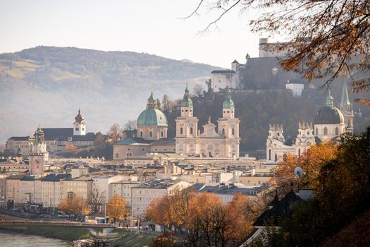 Salzburg historic district at autumn time, colorful leaves and colors with sunshine, Austria