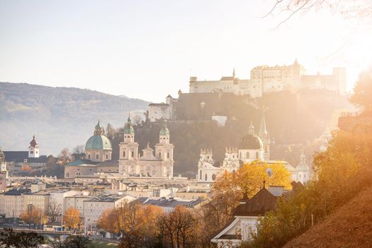 Salzburg historic district at autumn time, colorful leaves and colors with sunshine, Austria