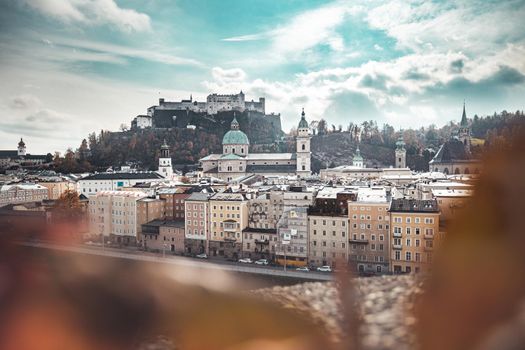 Salzburg historic district at autumn time, colorful leaves and colors with sunshine, Austria
