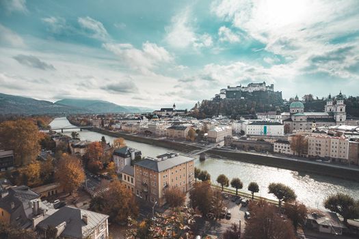Salzburg historic district at autumn time, colorful leaves and colors with sunshine, Austria