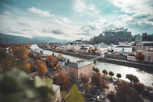 Salzburg historic district at autumn time, colorful leaves and colors with sunshine, Austria